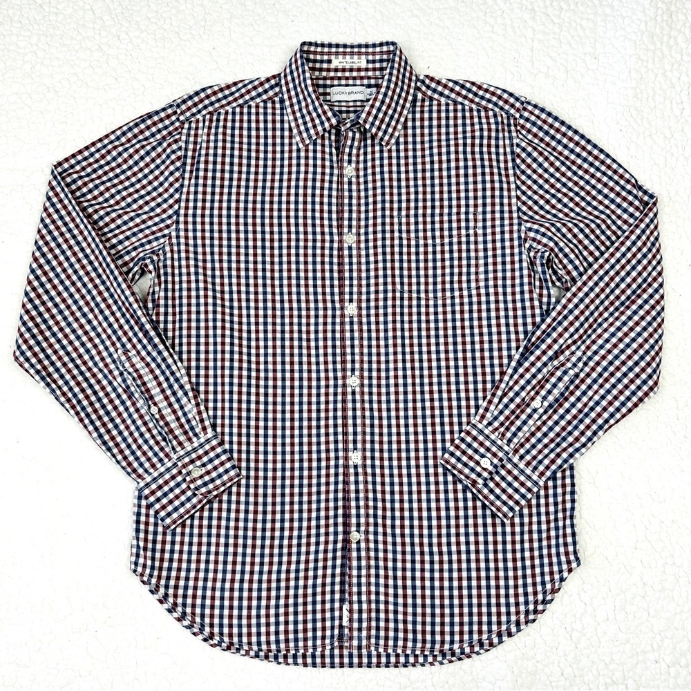 Lucky Brand Shirt Men's Size M Red Blue White Plaid Button Up White Label Fit